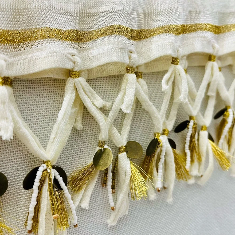 Calypso St. Barth hi-lo Beach cover, gold stripes and beaded fringe, size Small - Picture 2 of 5